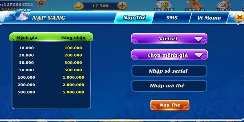 Nạp game bắn cá bằng thẻ cào đơn giản 